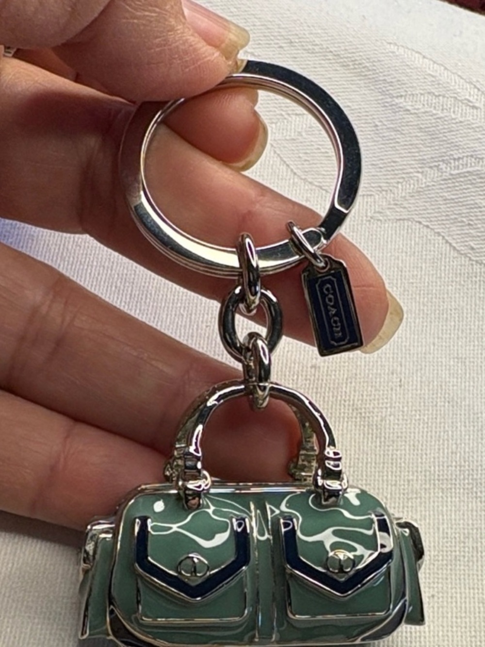 Coach Green Enamel Handbag Keychain with Silver Hardware